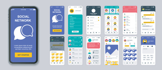 Aufkleber - Social network mobile app screens set for web templates. Pack of login, avatar photo, information profile, friends, chats and other mockups. UI, UX, GUI user interface kit for layouts. Vector design