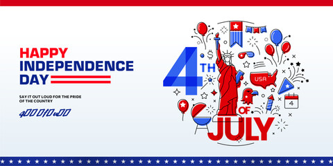 Wall Mural - 4th of July America independence day banner background template with USA element icons, the Statue of Liberty, map, barbecue, firework, etc, Vector illustration. 