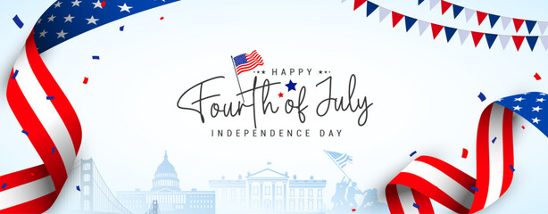 Wall Mural - 4th of July independence day poster, banner, flyer, background, template, with the greeting, USA flag waving ribbon, bunting decoration, and american famous landmarks in the background. 