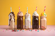 Generative ai. Different delicious freak shakes on color background