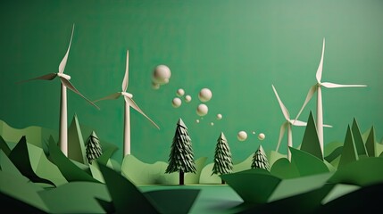 paper art of renewable energy with green energy wind turbines, eco friendly advertising, colorful ar