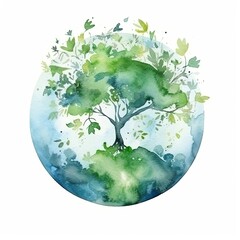 Earth day tree of life, watercolor art for earthday. wallpaper background image of a tree and the globe, AI