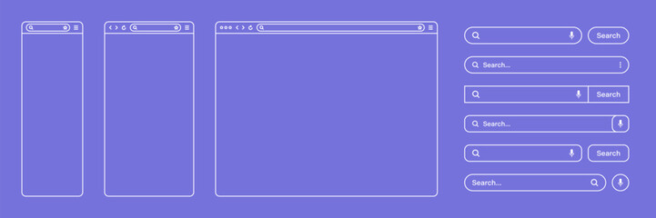 Fototapete - Blank web browser, internet page window with toolbar and search bar, field. Modern website in flat style, line art. Browser mockup for computer, tablet and smartphone. Vector Generative AI