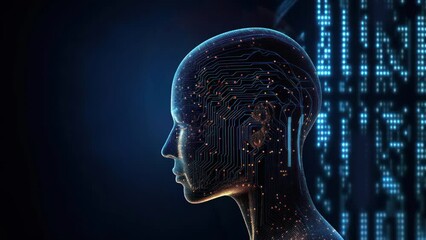 3D rendered. Big data and artificial intelligence concept. Machine learning and cyber mind power concept in form of business face hands outline with circuit board and binary data on blue background