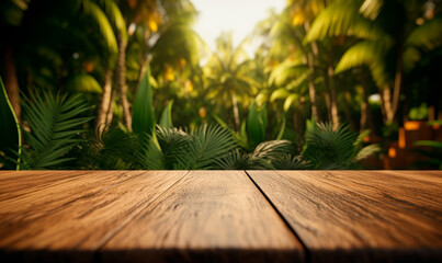 Wall Mural - Wooden shelf in tropical jungle. Generative AI