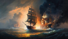 Battle Of Sea, Old Sailing Ships In Fire And Smoke, Illustration, Generative AI.