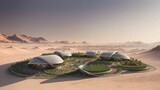 Fototapeta Las - Landscape of a sci-fi futuristic garden-village human habitat on the surface of planet Mars - Generative AI Illustration