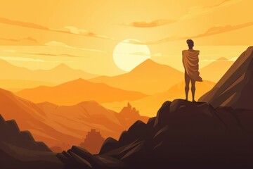 Wall Mural - Apollo standing on a mountaintop surrounded by golden light. Generative AI