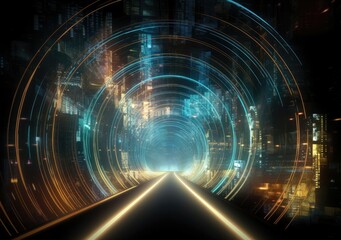 Sticker - View of a tunnel at night with lights and lights on a city, in the style of futuristic digital art. Generative AI