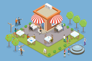 3D Isometric Flat Vector Conceptual Illustration of Street Cafe, Restaurant Terrace