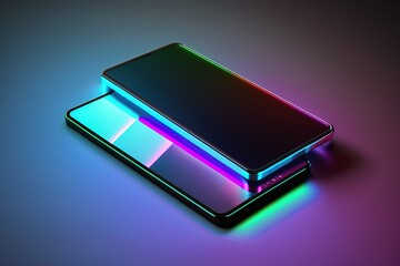 Contemporary cellphone in neon light, mockup for cool mobile app or website