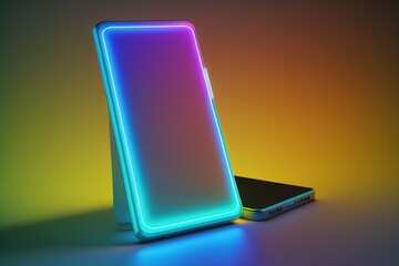 Contemporary cellphone in neon light, mockup for cool mobile app or website