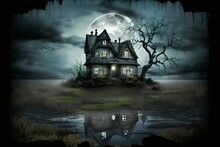 Dark Mysterious Halloween Landscape With Abandoned House - Generative AI