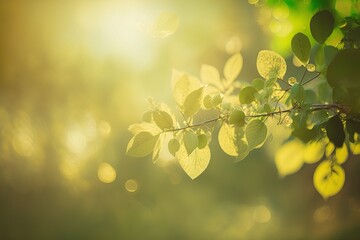 Wall Mural - Green and Yellow Bokeh Background with Sunshine - Generative AI