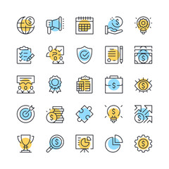 Wall Mural - Startup line icons. Set of new business icons. Black, blue and yellow colors. Modern outline graphic design. Vector line icons set