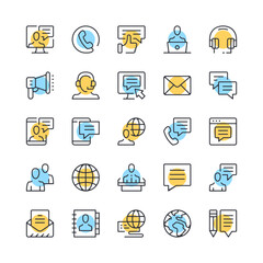 Poster - Communication line icons. Set of communication icons. Black, blue and yellow colors. Modern outline graphic design. Vector line icons set