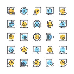 Poster - Video tutorials line icons. Set of online learning icons. Black, blue and yellow colors. Modern outline graphic design. Vector line icons set