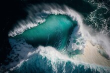 The Power Of Ocean Waves: A Bird's Eye View Of A Breaking Wave In Nazaré - Generative AI