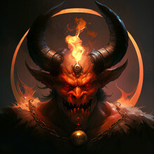 Illustration Of Red Devil Satan With Horns Portrait On Fire On Fire Background On Dark Background In Hell, Christian Religion, Generative AI
