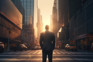 Businessman in a suit standing on the street of a huge city, among tall skyscrapers against the setting sun, business concept. Generative AI.