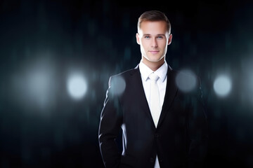 Wall Mural - A man in a suit and tie standing in front of a black background. AI generative image