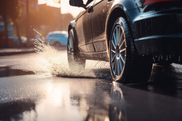 Wall Mural - Splashes and underside of a car wheel with selective focus and blurred background. AI generated, human enhanced.