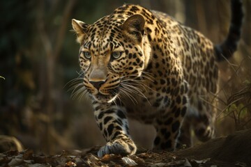 Wall Mural - Beautiful leopard. Background with selective focus and copy space. AI generated, human enhanced