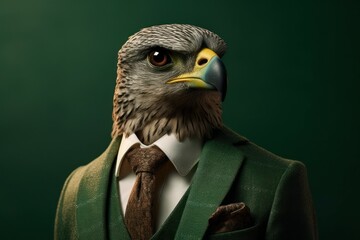 Anthropomorphic falcon dressed in a suit like a businessman. Business Concept. AI generated, human enhanced.