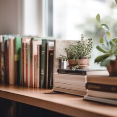 Wall Mural - A wooden shelf with books and a potted plant on top of it. AI generative image.