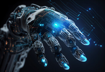Hand of robot touching on big data network, AI, ML, DL, big data, transformation, data sharing, science, tech, innovation, future. 