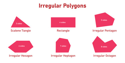 Irregular polygons in mathematics. Vector illustration isolated on white background.