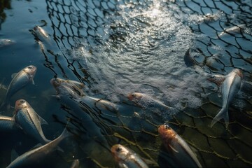 fishing net into the water catching a group of fish, fish group shoaling and schooling being fished, generative AI