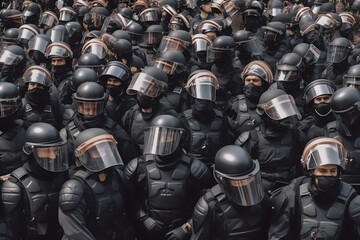 Low angle of anonymous police soldiers in protective uniforms and helmets standing against squad van and defending by riot shields. Neural network AI generated art