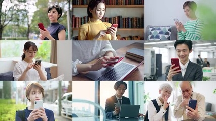 Aufkleber - スマホを使う人々のコラージュ映像　白バックからのワイプトランジション