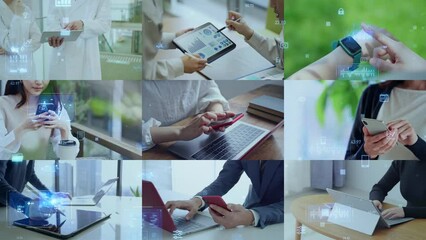 Poster - モバイルデバイスを使う人々のコラージュ映像　白バックからのワイプトランジション