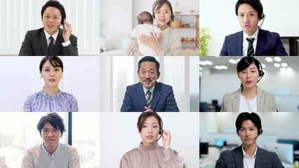 Aufkleber - ビデオ通話する人々のコラージュ映像　白バックからのワイプトランジション