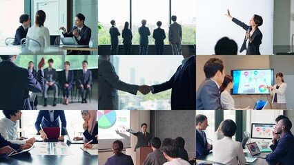 Poster - Collage movie of various business scenes concept. Wipe transition from white background.