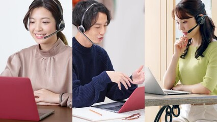 Aufkleber - ビデオ通話する人々のコラージュ映像　白バックからのワイプトランジション