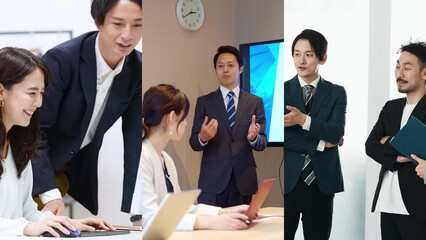 Fototapete - 様々なビジネスシーンのコラージュ映像　白バックからのワイプトランジション