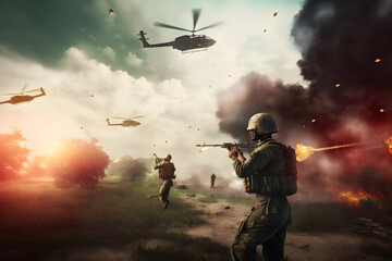 Vietnam war with helicopters and explosions. Neural network AI generated art