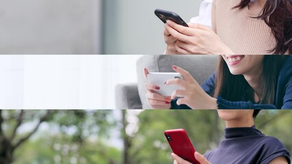 Poster - スマホを使う女性のコラージュ映像　白バックからのワイプトランジション