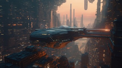 Wall Mural - wartorn futuristic city with giant spaceship, digital art illustration, generative ai