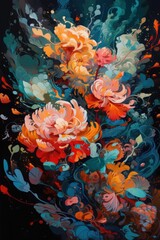  Beautiful abstract flower painting on canvas, generative ai, overflowing abstract petals, on a dark background
