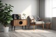 © Jannik - living room interior design background 3D, luxury armchair standing on parquet floor next to a vinyl record player and room plant