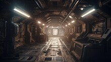 Abandoned Spaceship Station, Digital Art Illustration, Generative AI