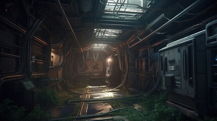 Wall Mural - abandoned spaceship station, digital art illustration, generative ai