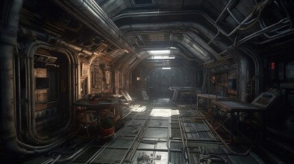 Wall Mural - abandoned spaceship station, digital art illustration, generative ai
