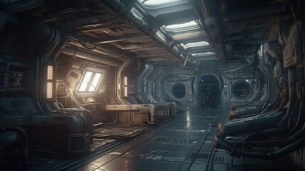 Wall Mural - abandoned spaceship station, digital art illustration, generative ai