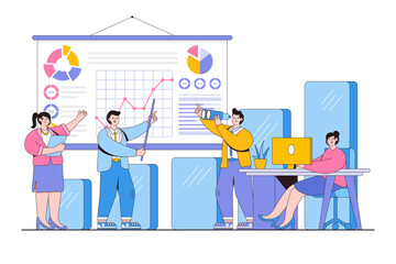 Poster - Teamwork in a company, brainstorming concept. Office workers study infographics, analysis of the evolutionary scale, search for new solutions ideas. Minimal vector illustration for landing page