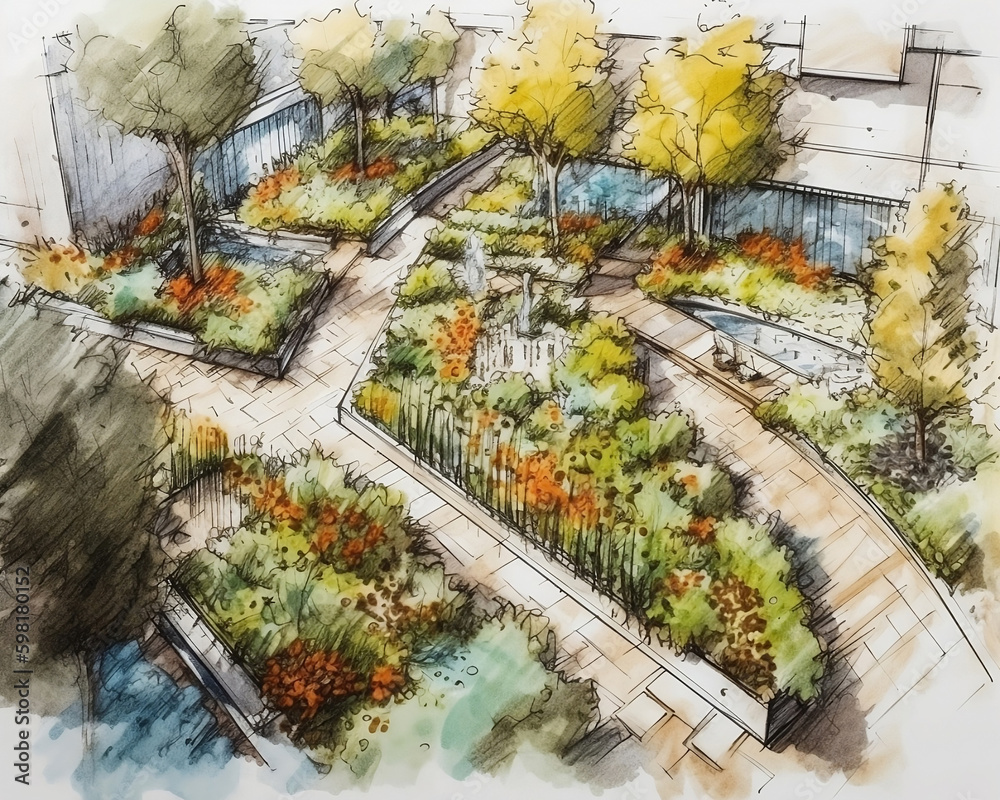 Top view drawing an landscape architecture sketch of a street view with a modern scandinavian layout, scandinavian birch, maple, flowerbeds with wild flowers, generative ai